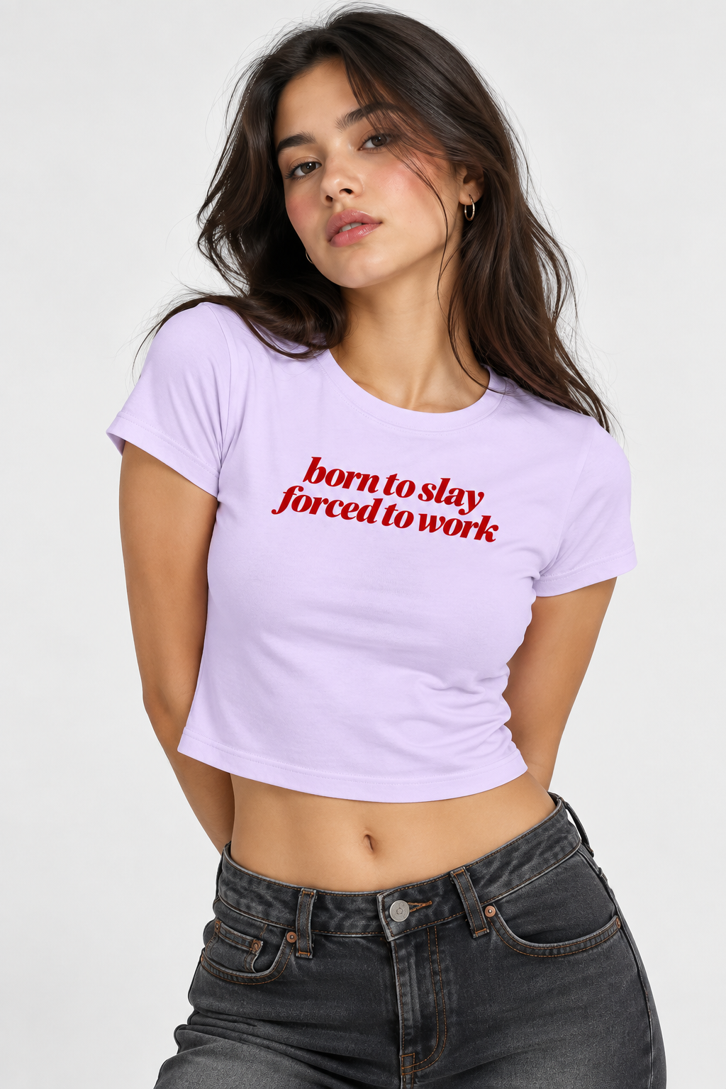 Lavender t-shirt with 'Born To slay' logo on a white background