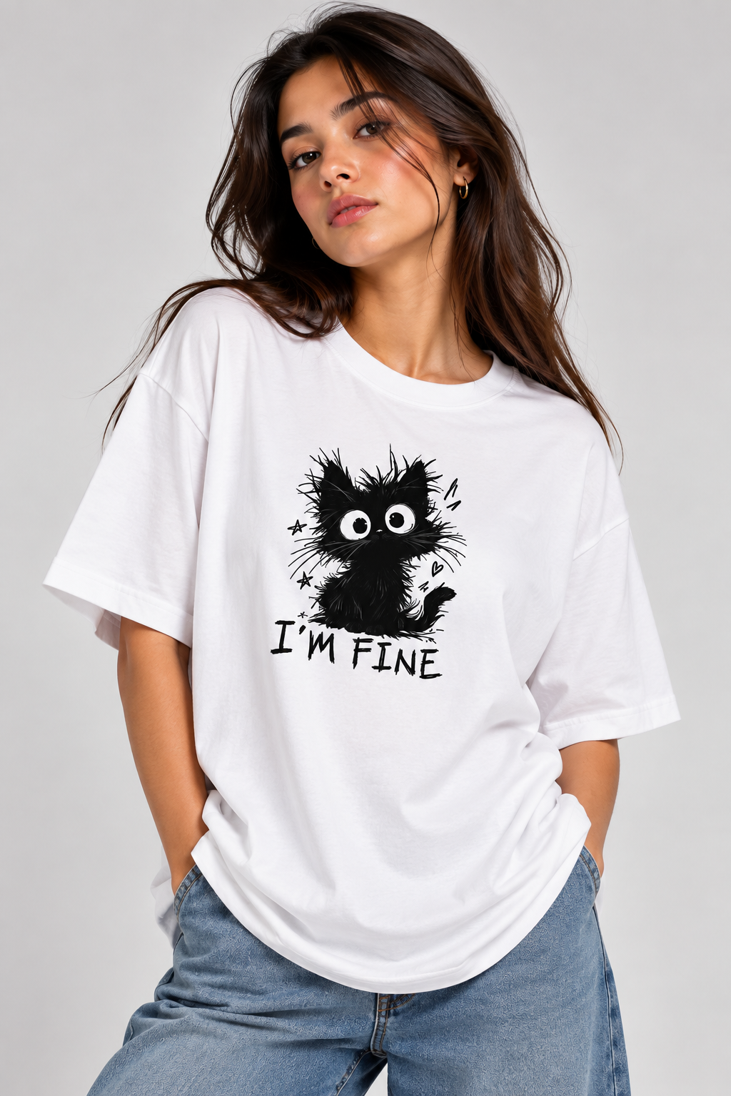I’m Fine cat graphic oversized t-shirt for women white