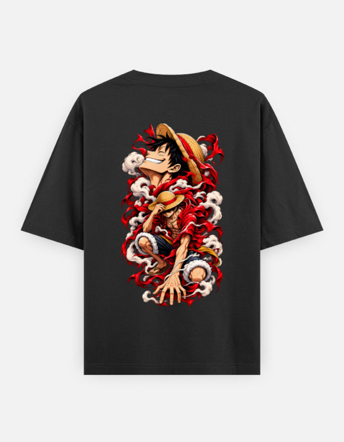 A black short-sleeve t-shirt with a large, colorful graphic print of the character Luffy from One Piece on the back, shown against a light gray background.