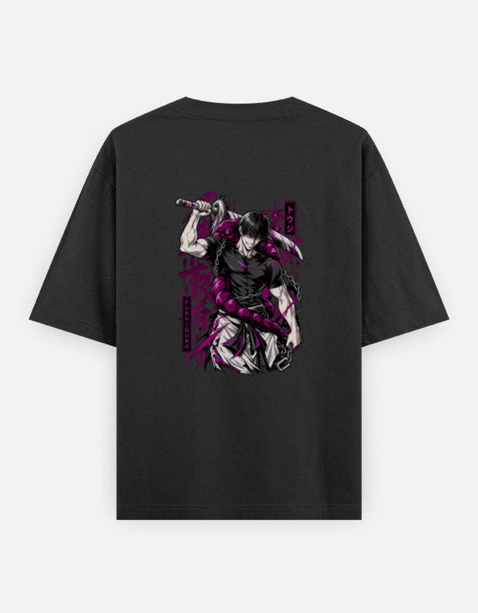 A black short-sleeve t-shirt with a large graphic print on the front showing a samurai in a dynamic pose with a sword, colored in black, white, and vibrant magenta. The t-shirt is displayed flat against a light gray background.