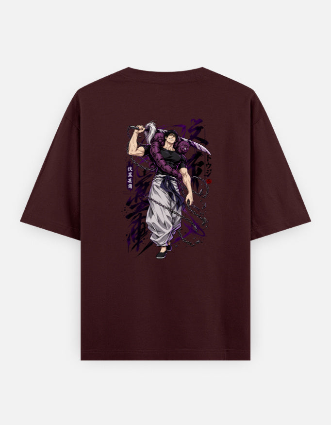 A dark maroon short-sleeve t-shirt shown from the back, featuring a large graphic print of an anime character with a sword and a gun, set against a light gray background.