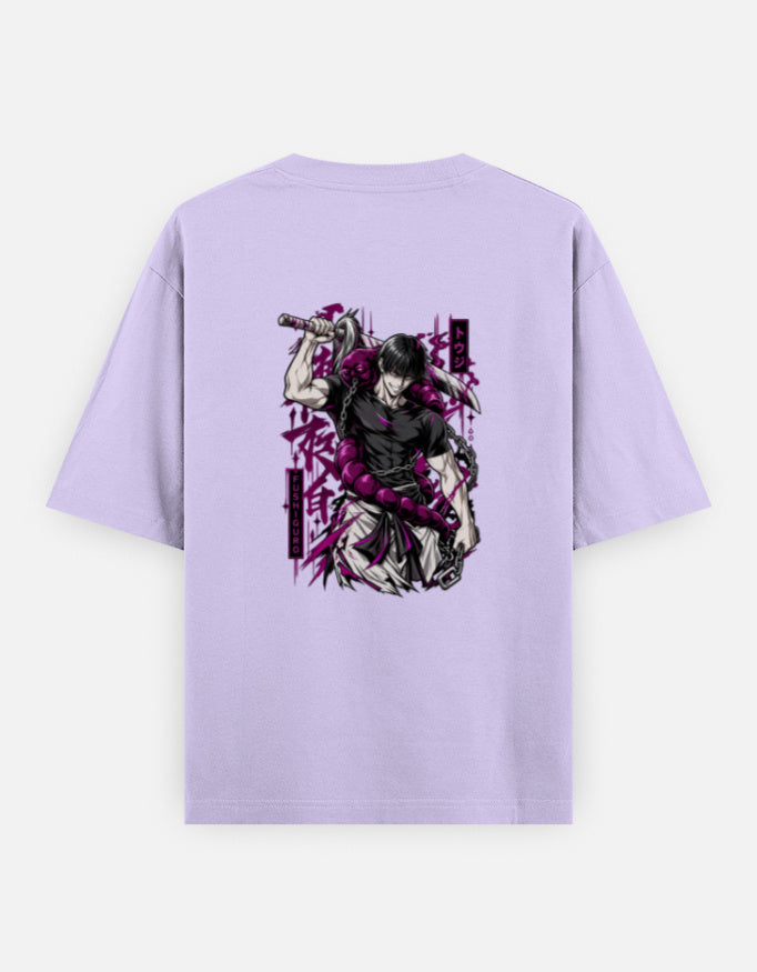 A lavendar short-sleeve t-shirt with a large graphic print on the front showing a samurai in a dynamic pose with a sword, colored in black, white, and vibrant magenta. The t-shirt is displayed flat against a light gray background.