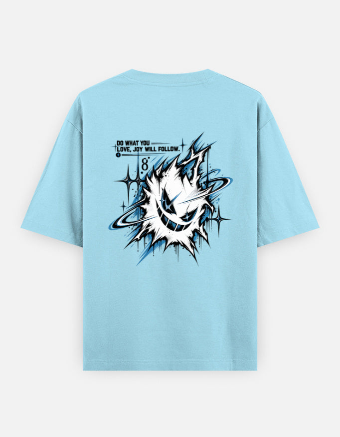 A light blue short-sleeve t-shirt shown from the back, featuring a large graphic print of a stylized white and black anime character with blue accents and the text 'DO WHAT YOU LOVE, LET IT FOLLOW.' printed above it.