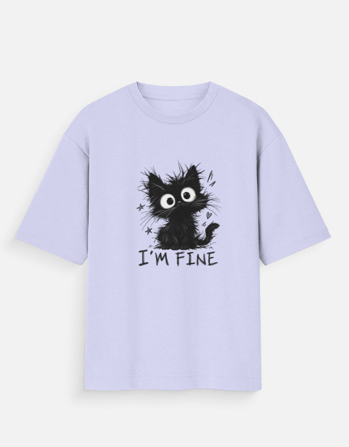 A light lavender short-sleeve t-shirt with a black graphic of a cartoon cat and the text 'I'M FINE' printed on the front, displayed against a light gray background.