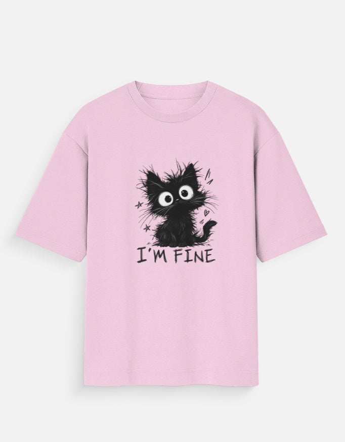 A light pink short-sleeve t-shirt with a black graphic of a cartoon cat and the text 'I'M FINE' printed on the front, displayed against a light gray background.