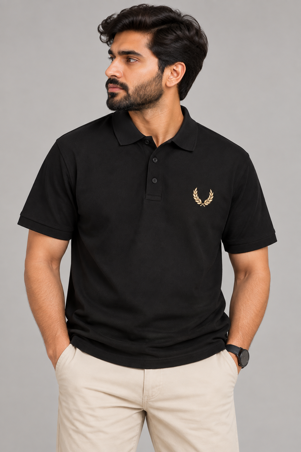 A man wearing a black short-sleeve polo shirt with a small gold embroidered laurel wreath logo on the left chest, paired with beige trousers, against a solid gray studio background.