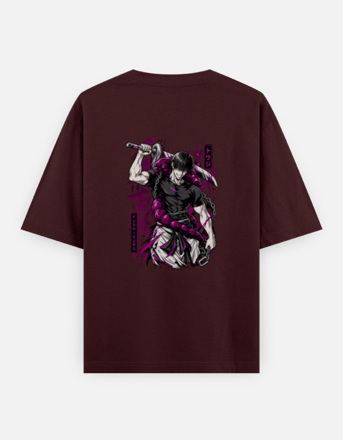 A maroon short-sleeve t-shirt with a large graphic print on the front showing a samurai in a dynamic pose with a sword, colored in black, white, and vibrant magenta. The t-shirt is displayed flat against a light gray background.