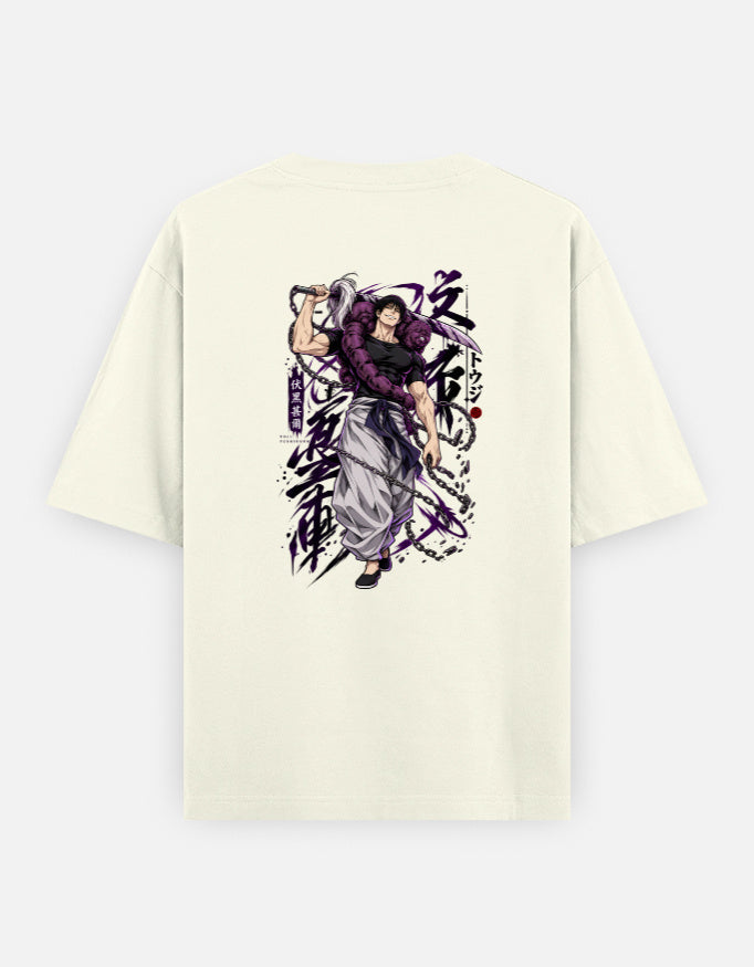A off white short-sleeve t-shirt shown from the back, featuring a large graphic print of the anime character Tanjiro Kamado with black and white calligraphy.