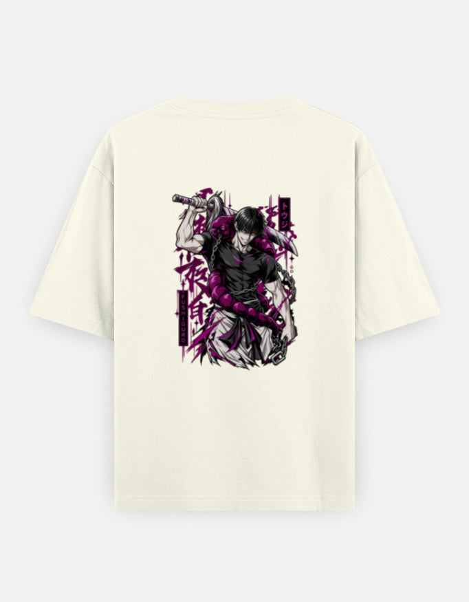 A off white short-sleeve t-shirt with a large graphic print on the front showing a samurai in a dynamic pose with a sword, colored in black, white, and vibrant magenta. The t-shirt is displayed flat against a light gray background.