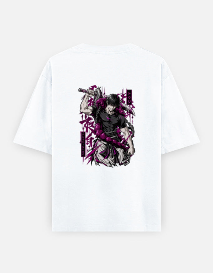 A white short-sleeve t-shirt with a large graphic print on the front showing a samurai in a dynamic pose with a sword, colored in black, white, and vibrant magenta. The t-shirt is displayed flat against a light gray background.