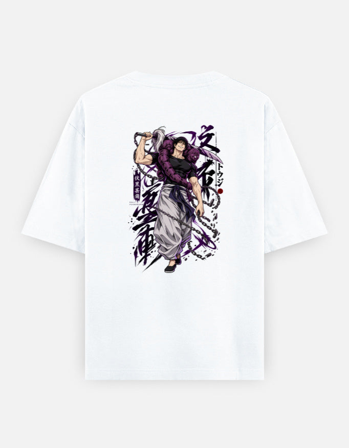 A white short-sleeve t-shirt shown from the back, featuring a large graphic print of an anime character with black hair and purple clothing, surrounded by stylized black and purple Japanese calligraphy.