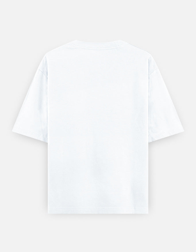 Woman wearing white Badass Girls Club oversized graphic t-shirt back