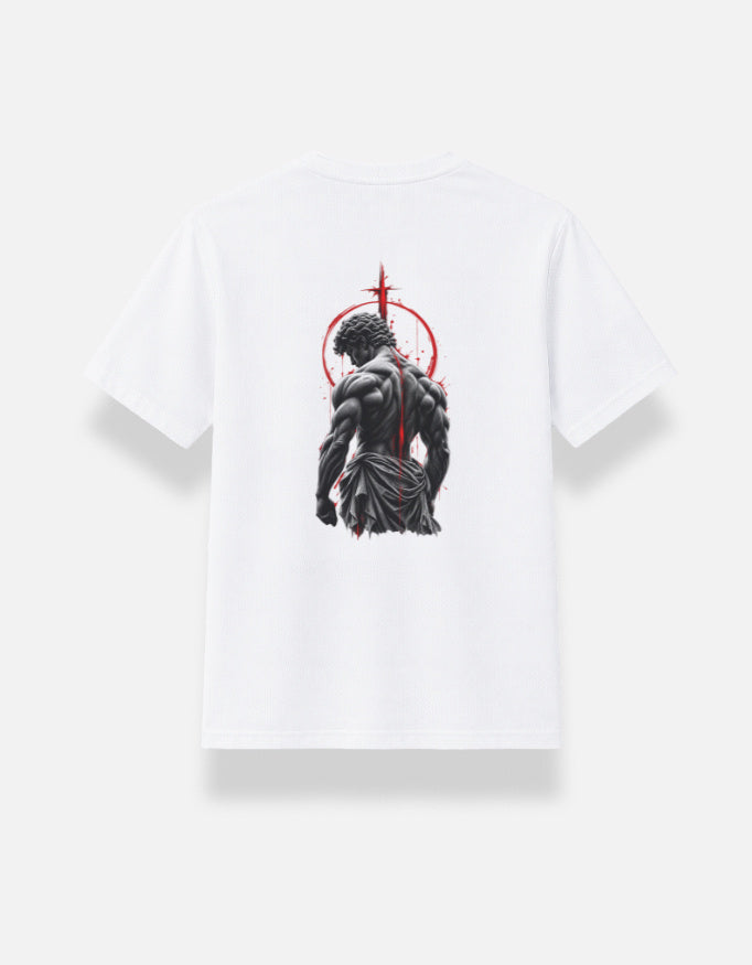 Darebite white unisex T-shirt with warrior graphic and red cross back print