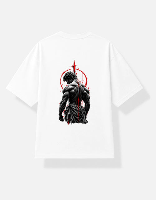 Darebite white unisex T-shirt with warrior graphic and red cross back print