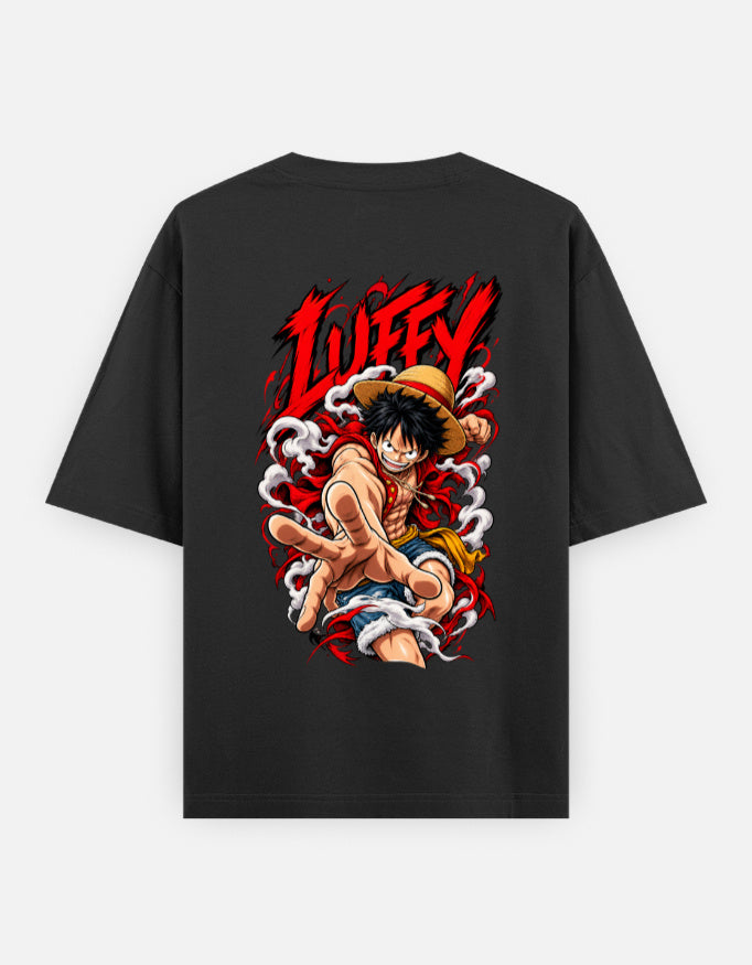A black short-sleeve t-shirt with a large graphic print of the anime character Luffy on the back, featuring red 'LUFFY' text and a dynamic illustration, shown against a light gray background.