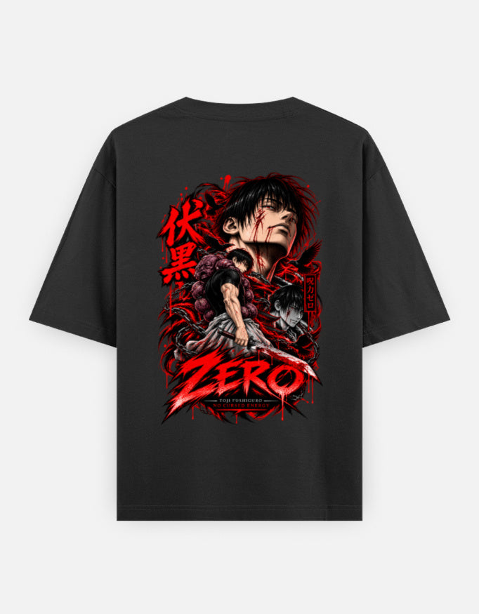 A black short-sleeve t-shirt with a large red and white anime graphic on the back, featuring the text 'ZERO' and Japanese characters, displayed against a light gray background.