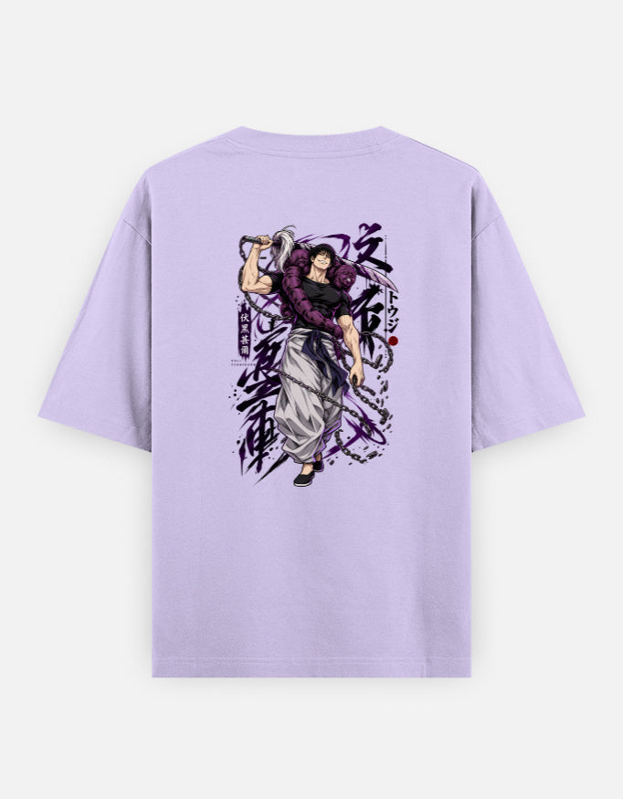A light purple short-sleeve t-shirt shown from the back, featuring a large graphic print of the anime character Tanjiro Kamado with black and white calligraphy.