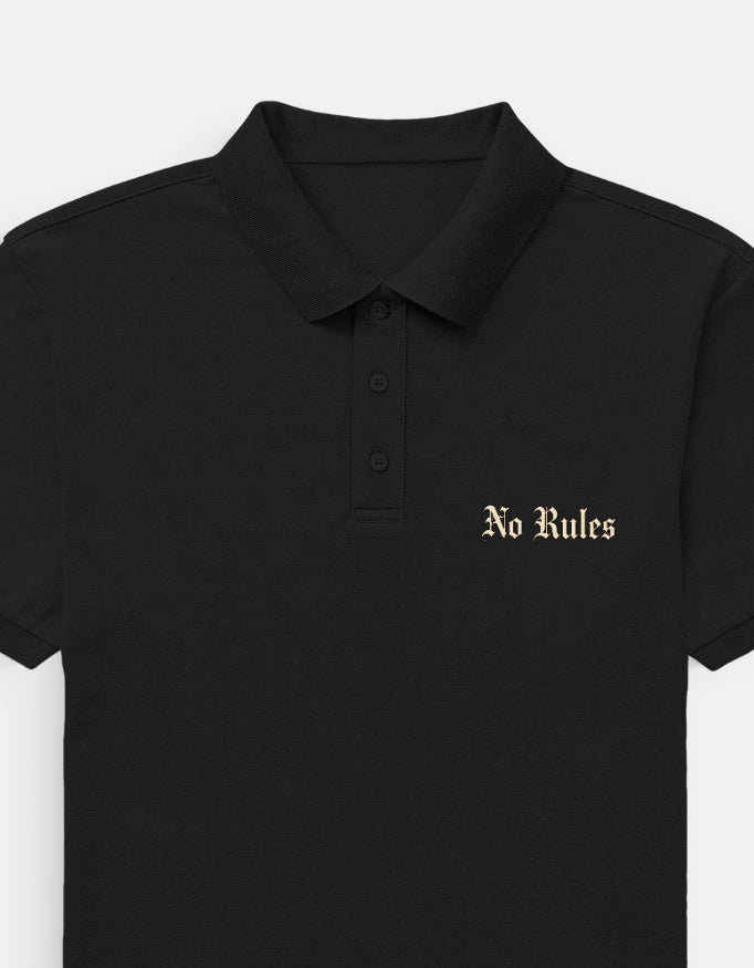 Black polo shirt with a turtle emblem on a white background