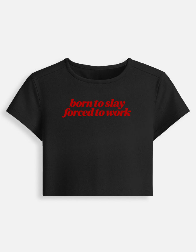 Black t-shirt with text on a white background