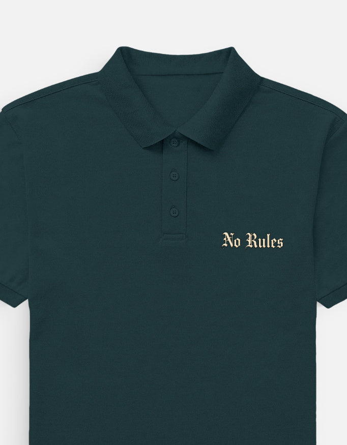 Dark green polo shirt with 'Zero Roads' logo on a white background