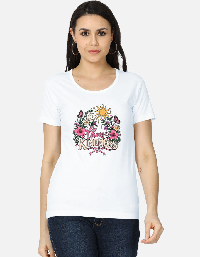 Darebite white women's T-shirt with colorful Choose Kindness floral graphic print