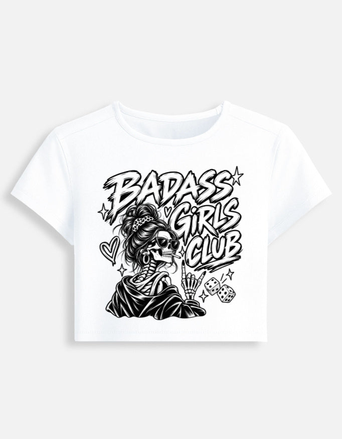Women's white Badass Girls Club skeleton graphic baby tee