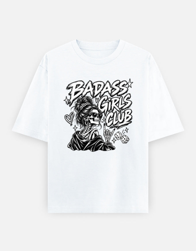 Woman wearing white Badass Girls Club oversized graphic t-shirt
