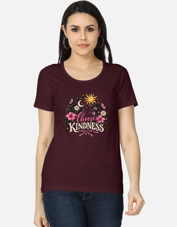 Darebite maroon women's T-shirt with colorful Choose Kindness floral graphic print
