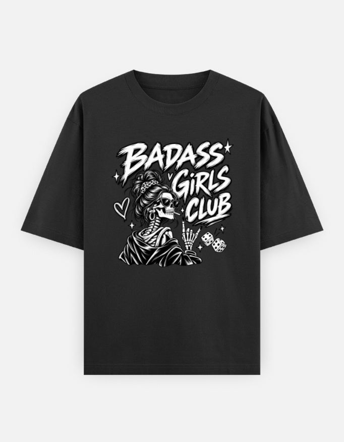 Woman wearing black Badass Girls Club oversized graphic t-shirt
