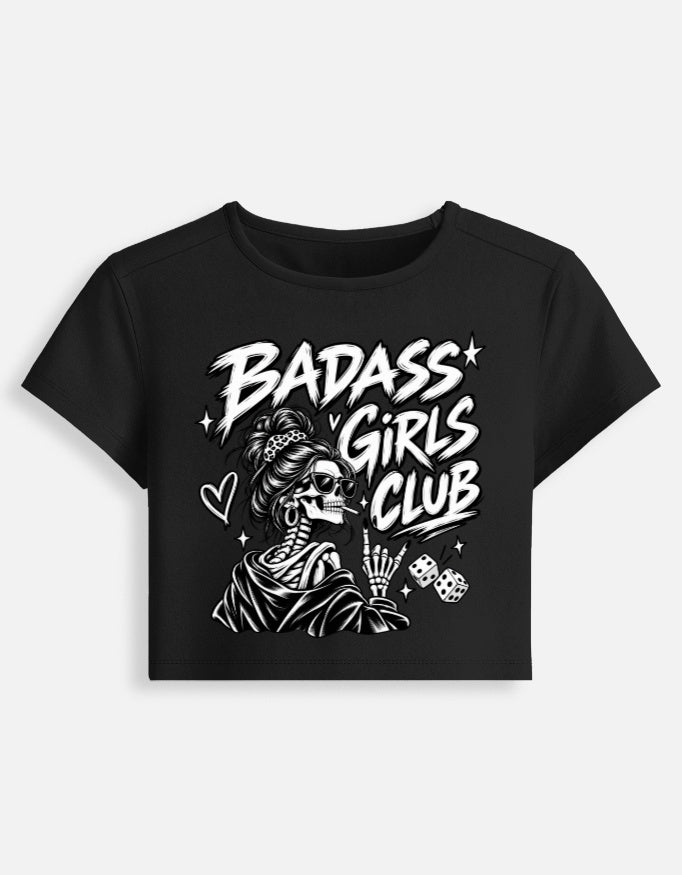 Women's black Badass Girls Club skeleton graphic baby tee
