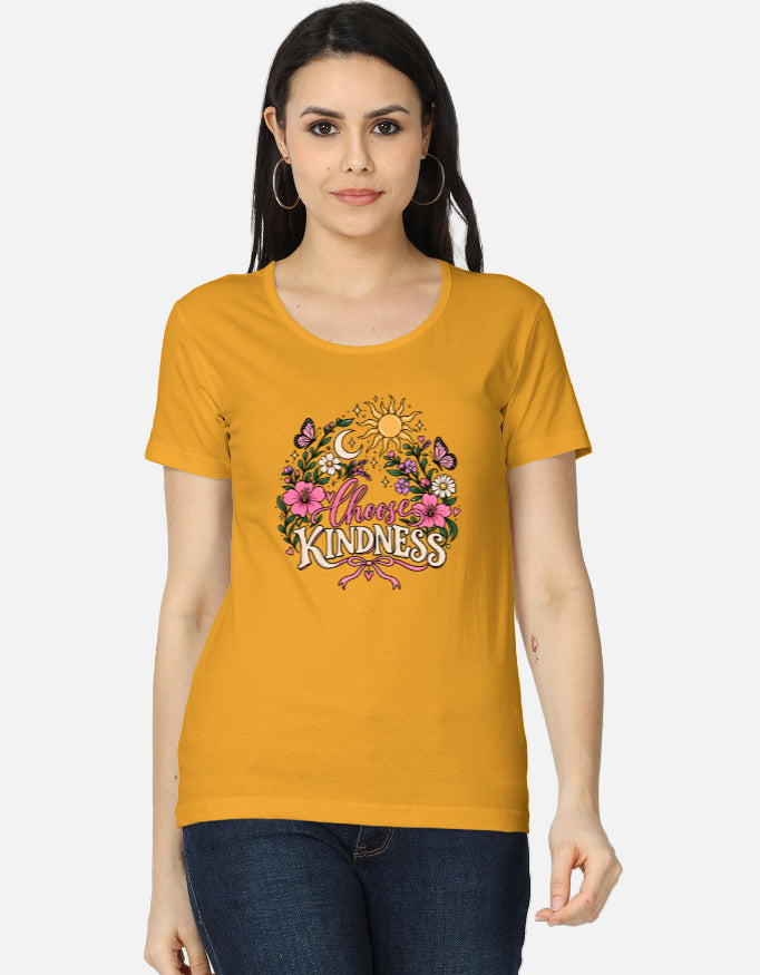 Darebite yellow women's T-shirt with colorful Choose Kindness floral graphic print