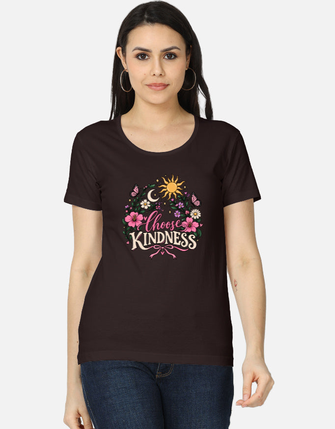 Darebite brown women's T-shirt with colorful Choose Kindness floral graphic print