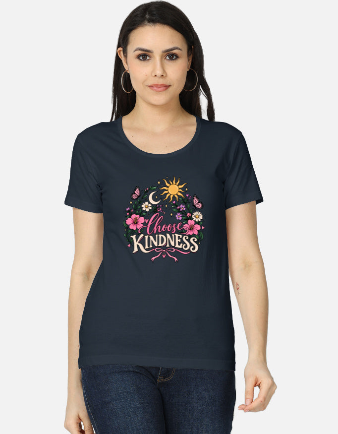 Darebite NavyBlue women's T-shirt with colorful Choose Kindness floral graphic print