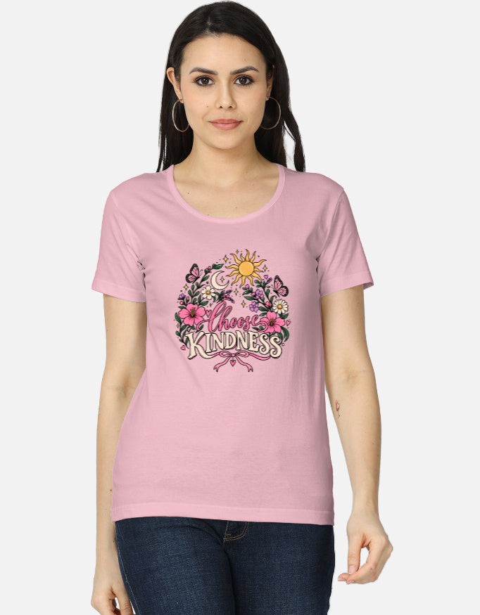 Darebite pink women's T-shirt with colorful Choose Kindness floral graphic print
