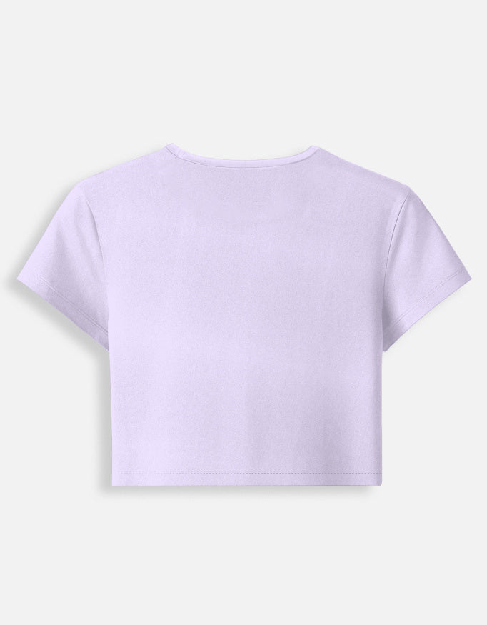 Lavendar pin crop top on a white back  