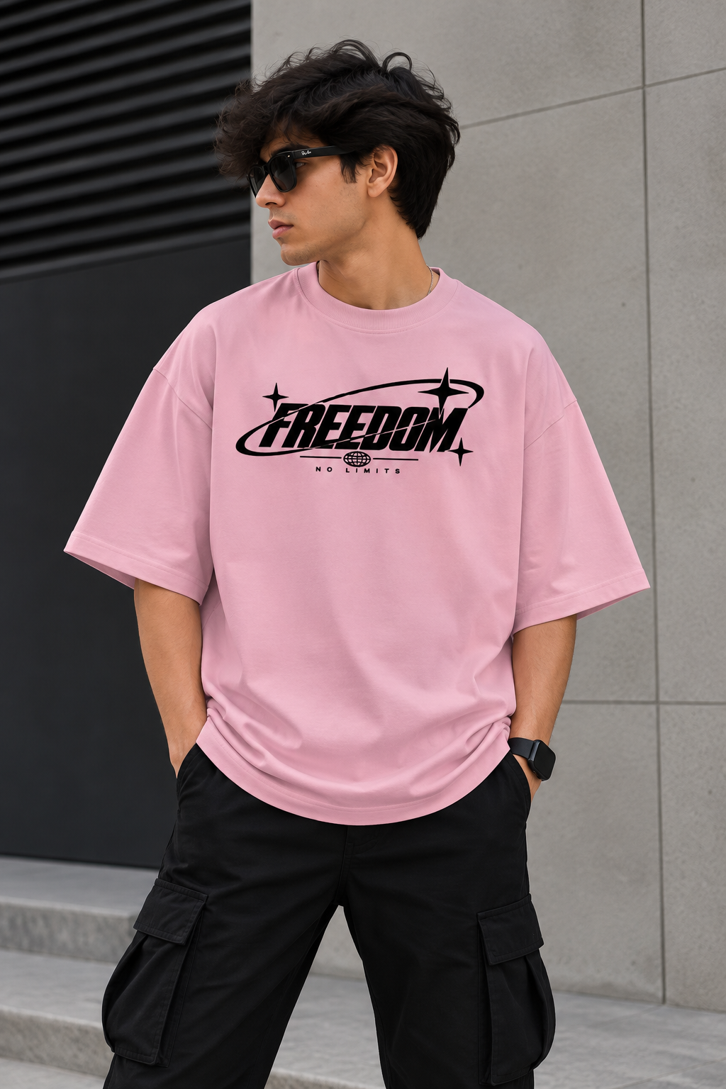 Model wearing pink oversized Freedom graphic streetwear t-shirt 