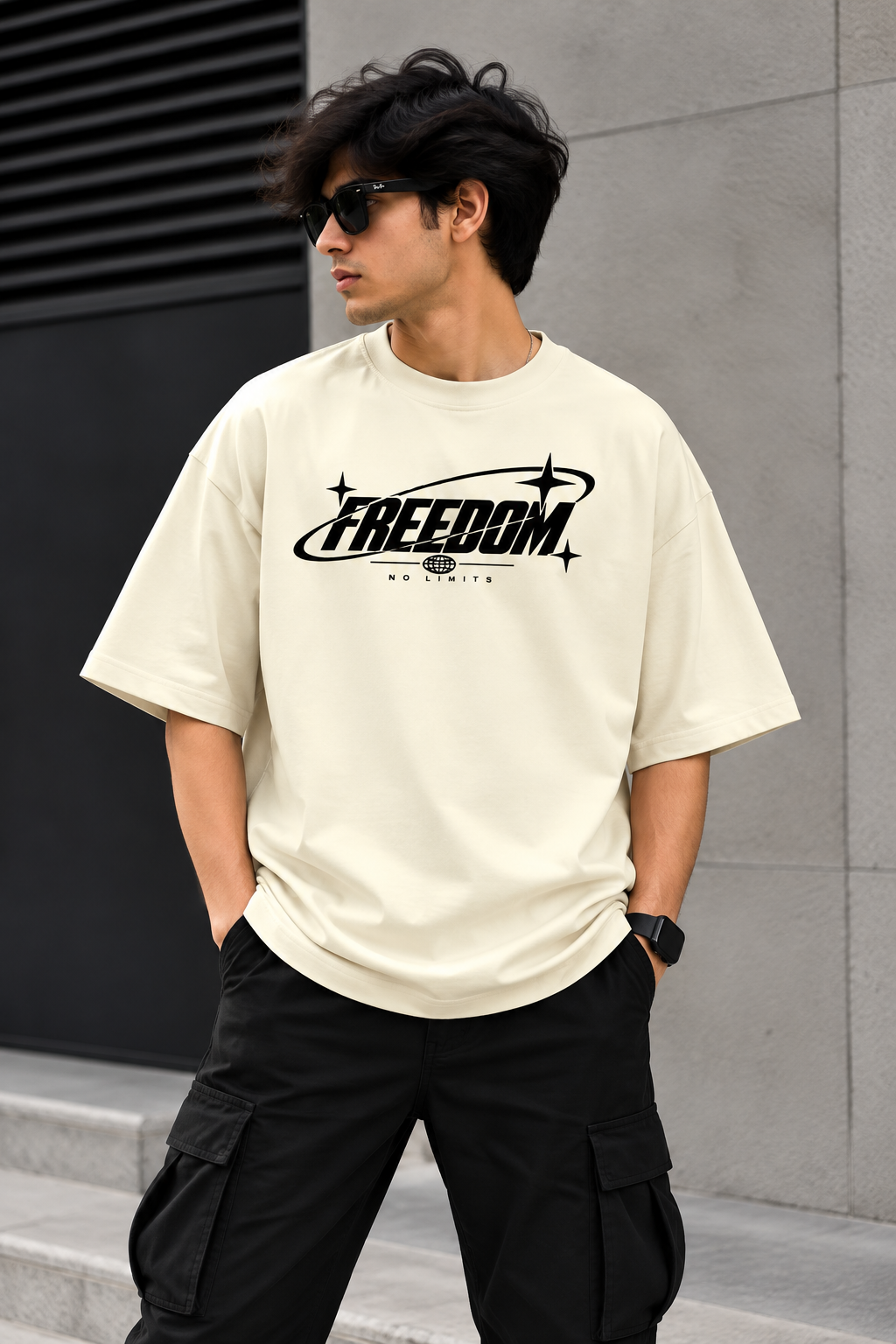 Model wearing off white oversized Freedom graphic streetwear t-shirt back