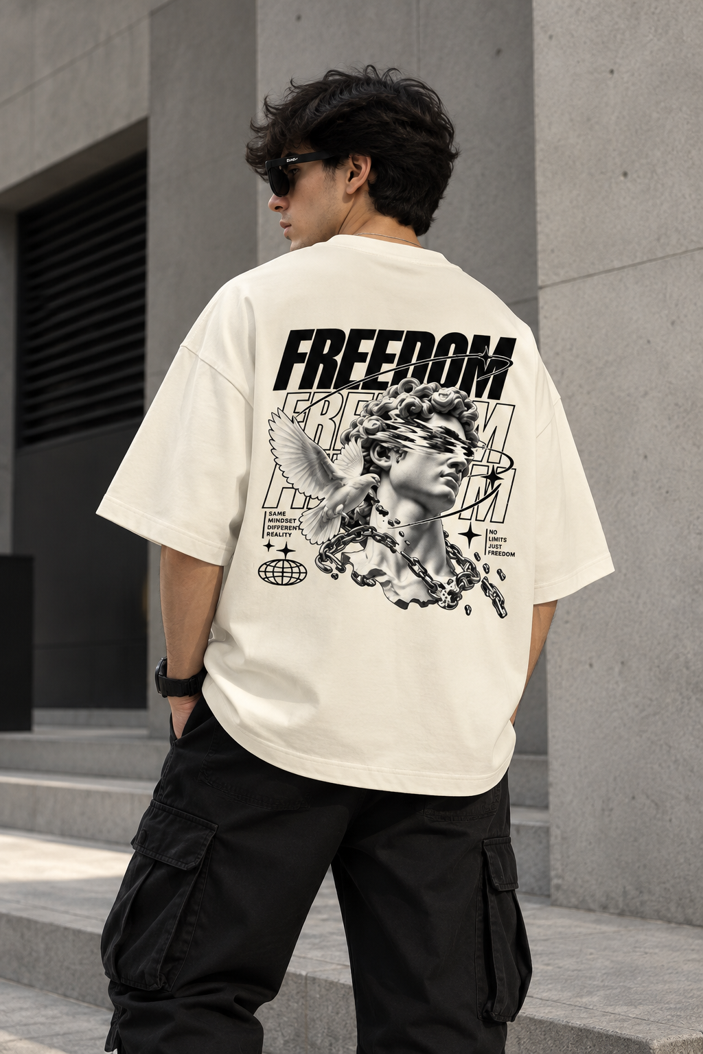 Model wearing off white oversized Freedom graphic streetwear t-shirt back 