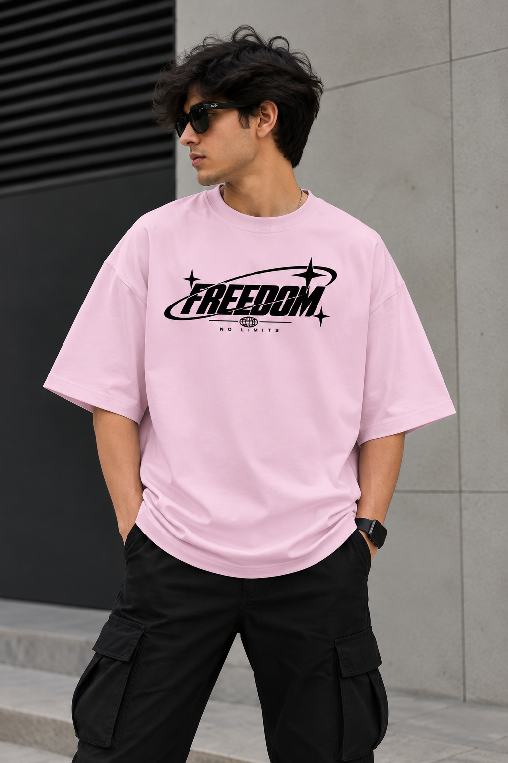Model wearing pink oversized Freedom graphic streetwear t-shirt