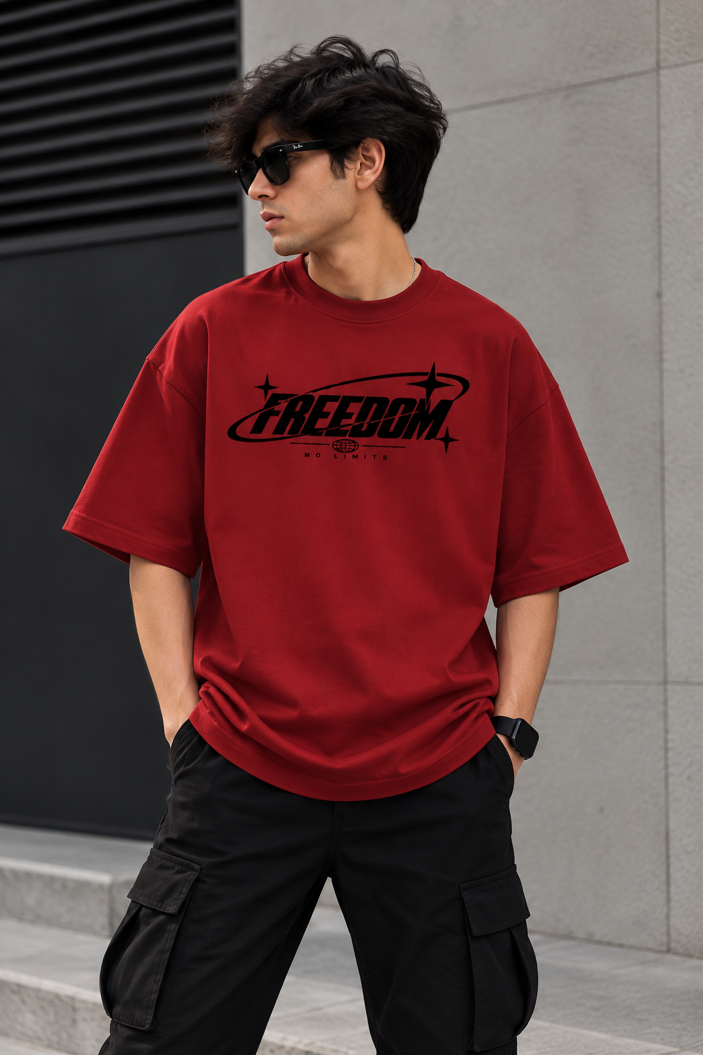Model wearing red oversized Freedom graphic streetwear t-shirt 
