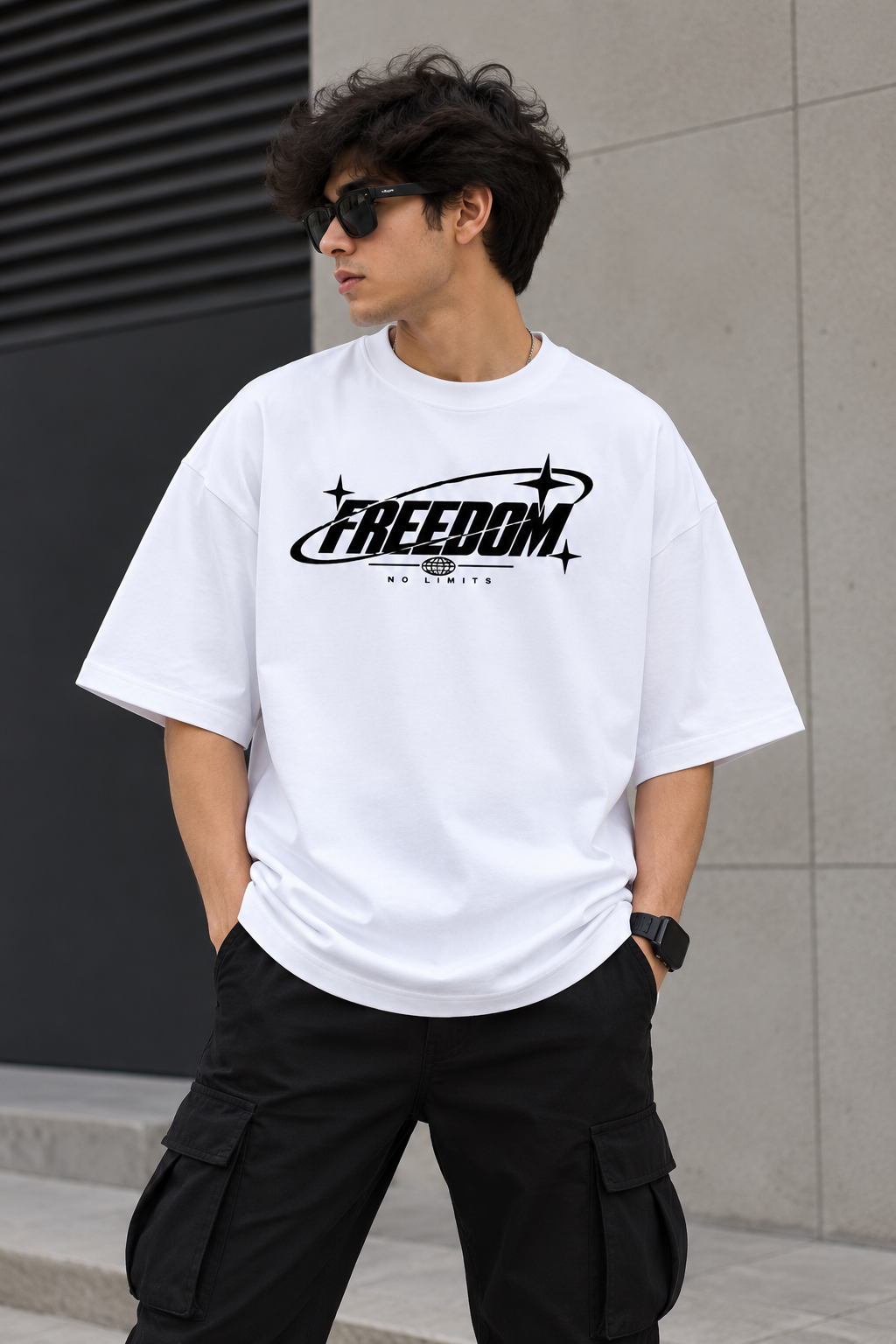 Model wearing white oversized Freedom graphic streetwear t-shirt 