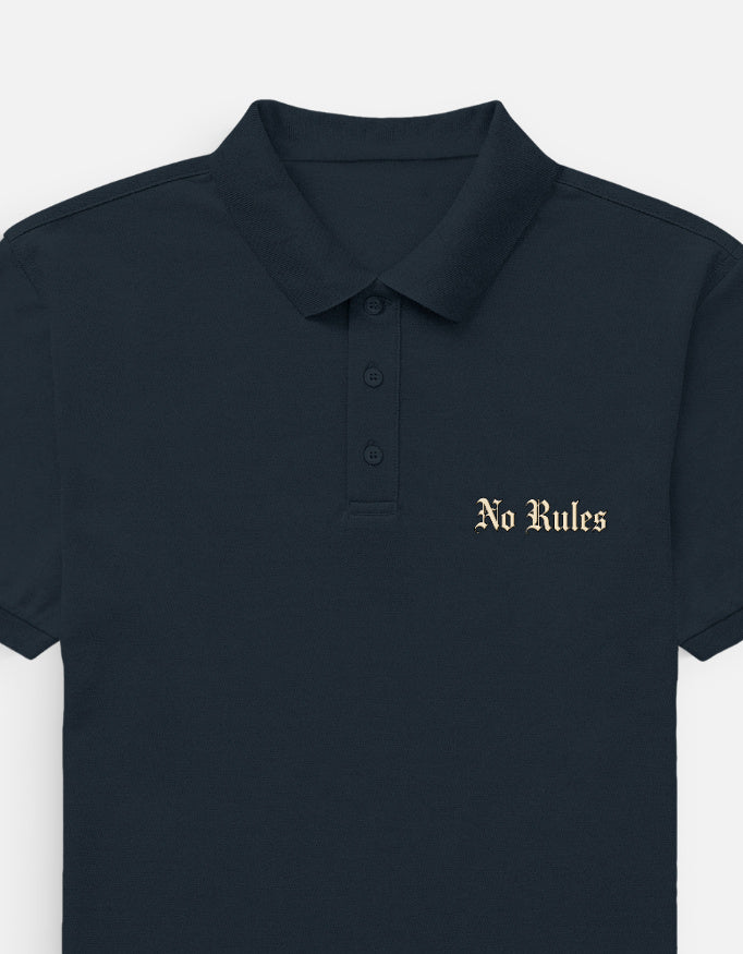 Navy blue polo shirt with 'Zero Roads' logo on a white background