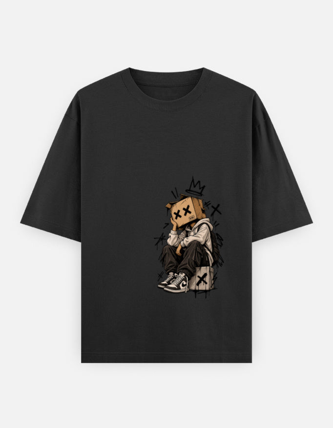 Navy blue t-shirt with graphic design of a character on a chair and text 'The General Buster Keaton'.