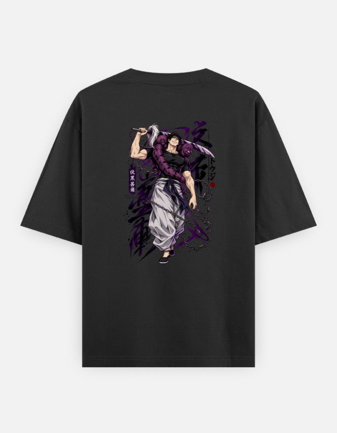A black short-sleeve t-shirt shown from the back, featuring a large graphic print of a samurai character in a purple and white outfit with Japanese text.