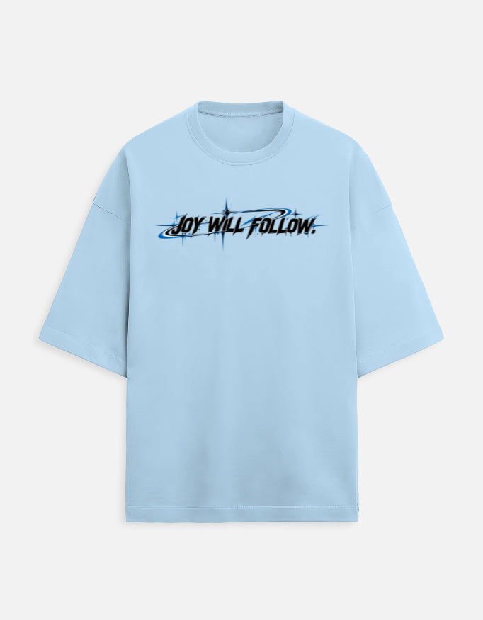blue oversized T-shirt with futuristic Joy Will Follow back graphic
