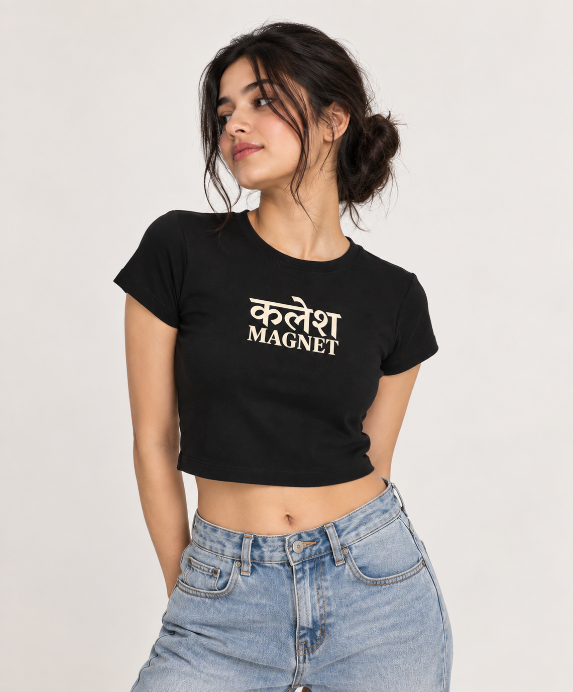 Darebite white Kalesh Magnet baby tee  black with Hindi graphic model women