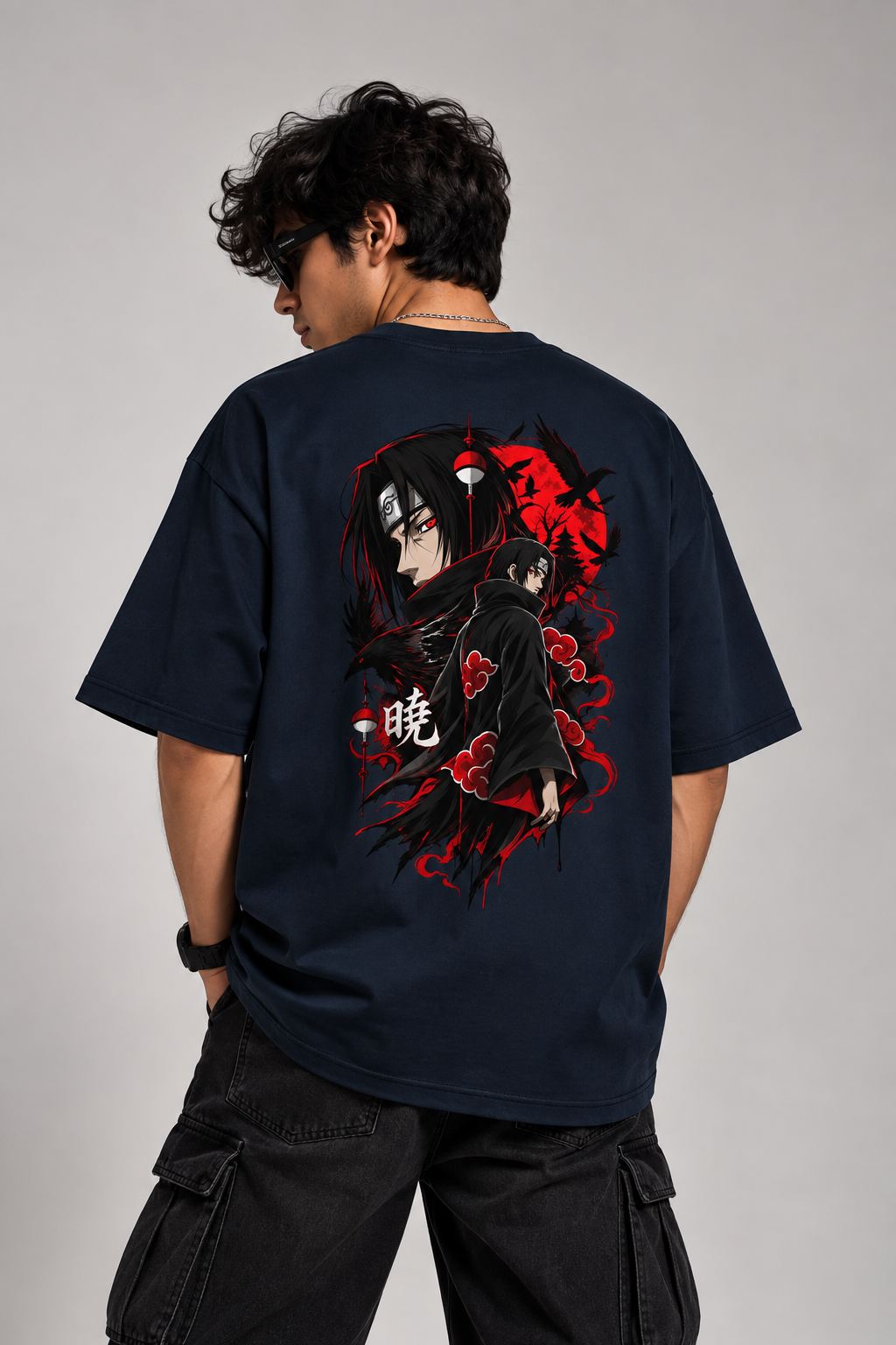 model wearing itachi anime tshirt oversized darkblue