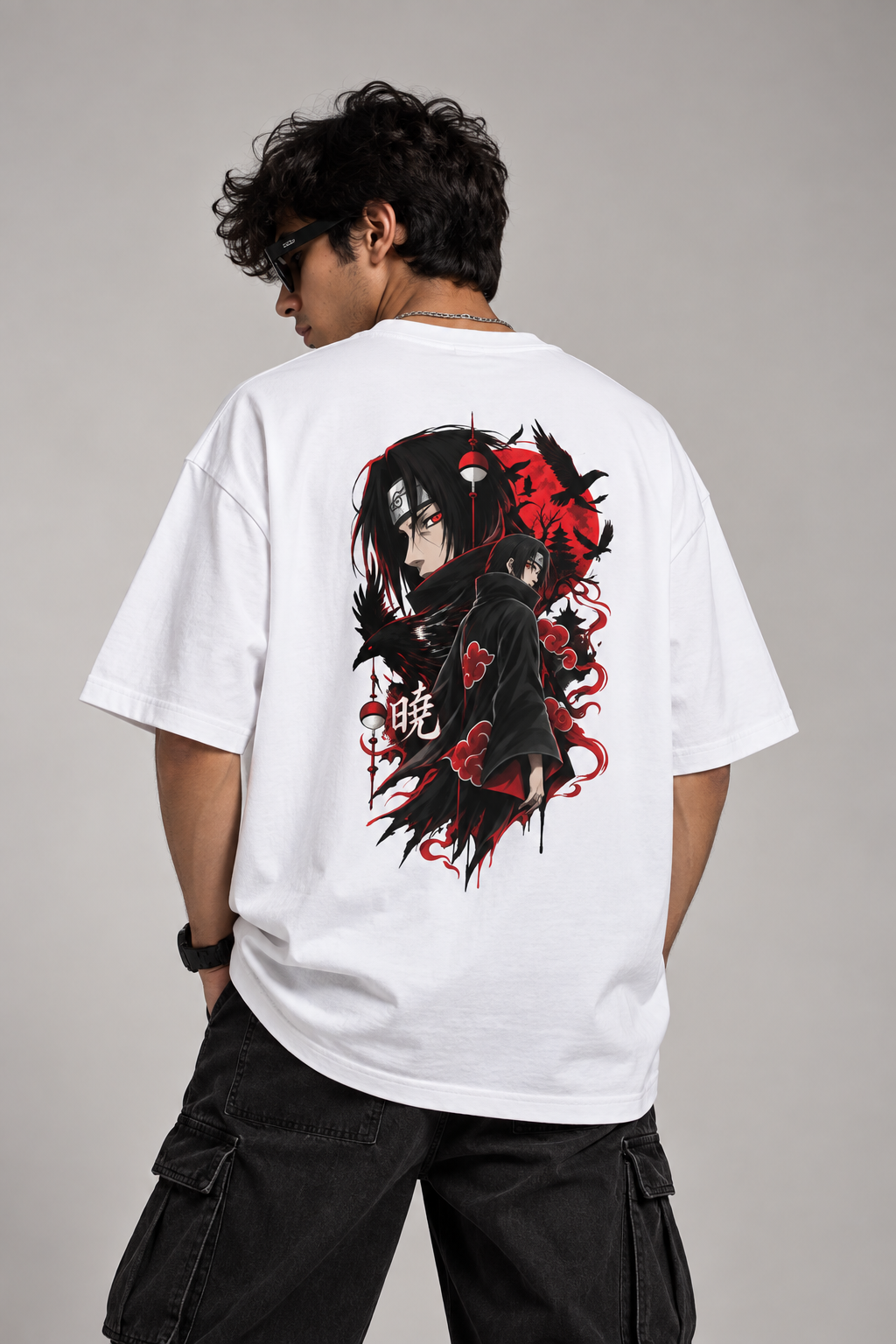 model wearing itachi anime tshirt oversized white