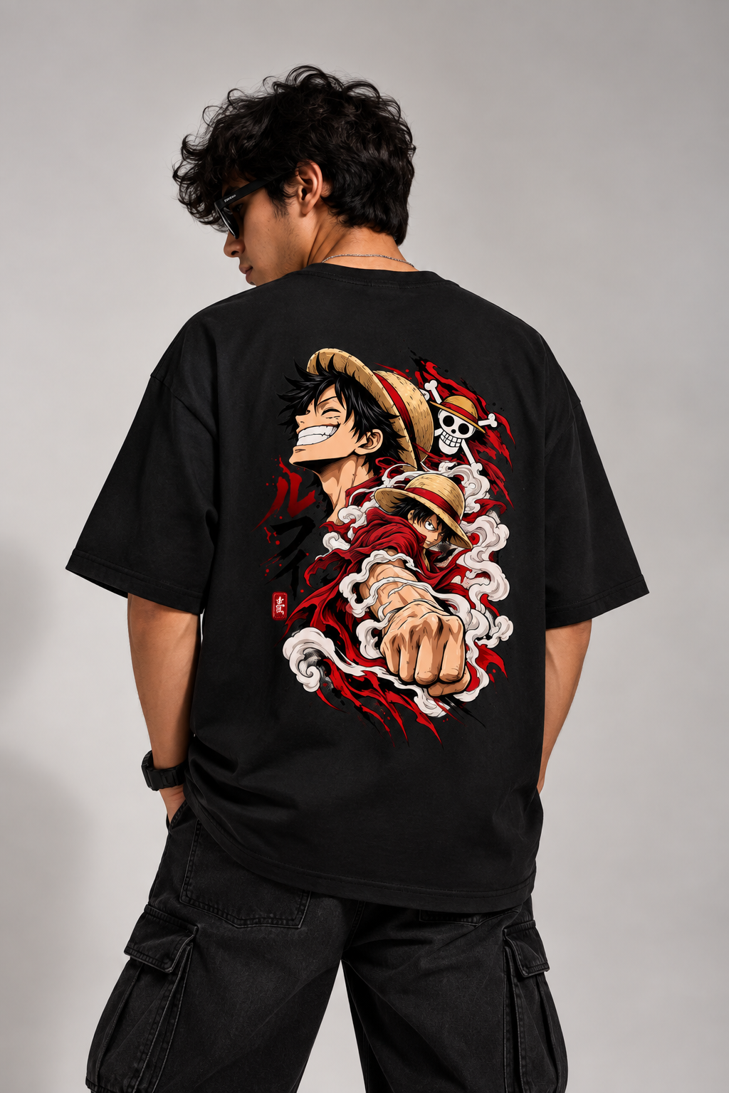 model wearing monkey d luffy oversized tshirt black 