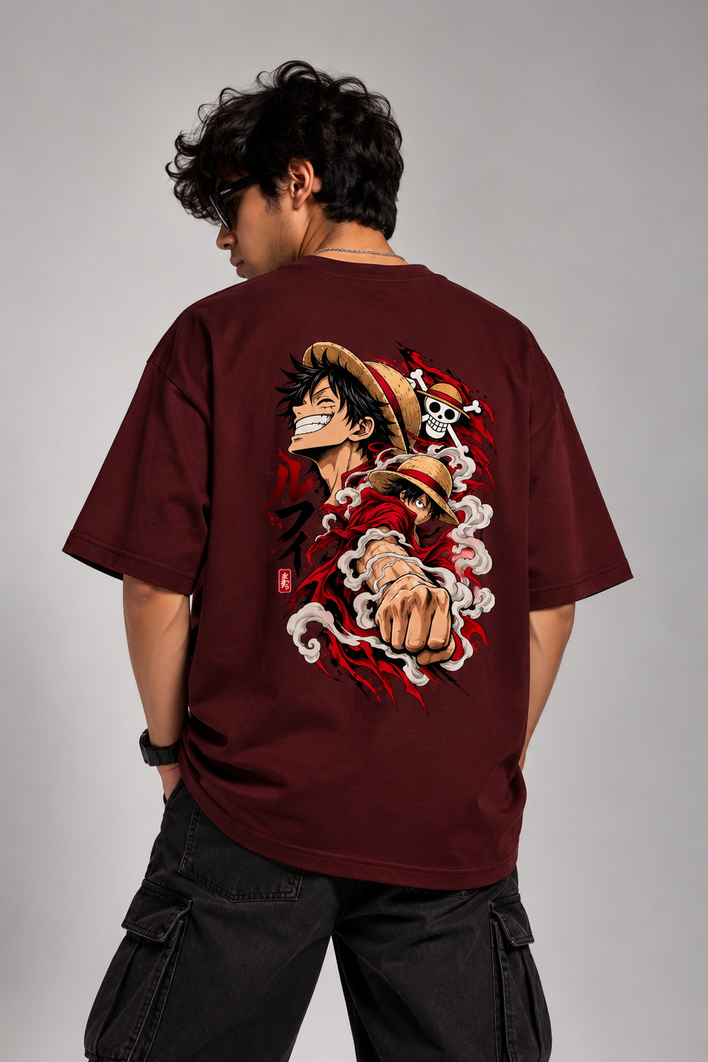 model wearing monkey d luffy oversized tshirt maroon